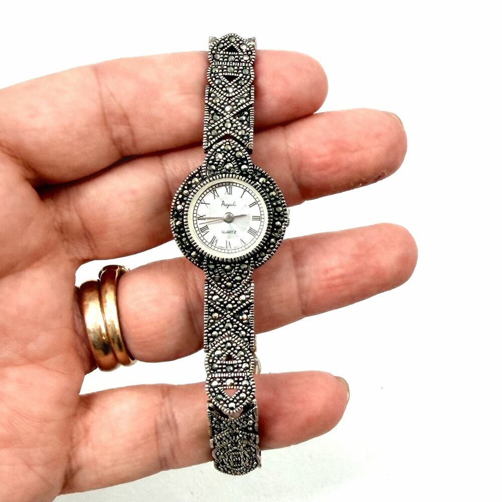 Vintage Anjuli Sterling Silver & Marcasite Womens Cocktail Watch